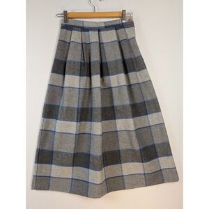 Lasting Impressions Pleated Midi Skirt Women 25 Waist Grey Blue Plaid Wool Blend